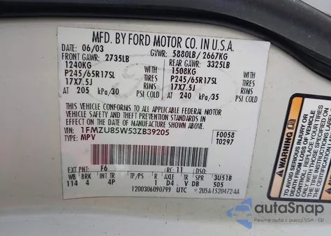 2003 Ford Explorer Limited z USA, uszkodzony, nr VIN 1FMZU85W53ZB39205